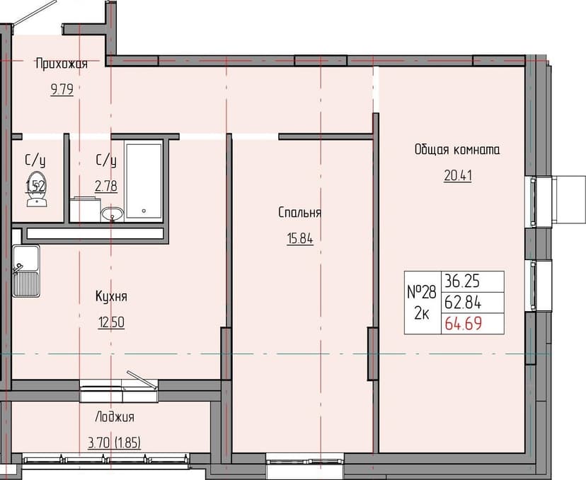 2 комн., 64.69 м²