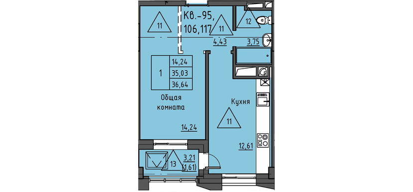 1 комн., 36.64 м²