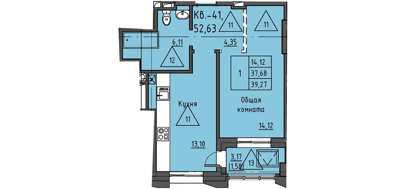 1 комн., 39.27 м²