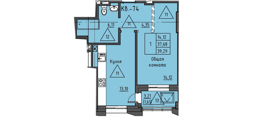 1 комн., 39.29 м²