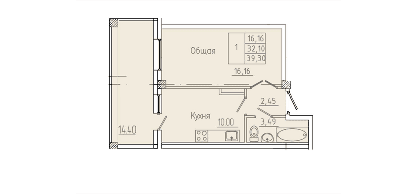 1 комн., 39.30 м²
