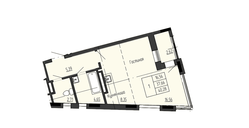 1 комн., 40.28 м²