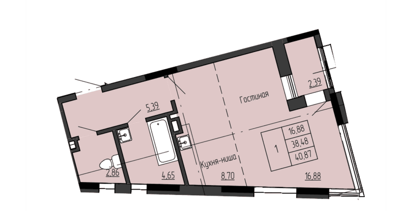 1 комн., 40.87 м²
