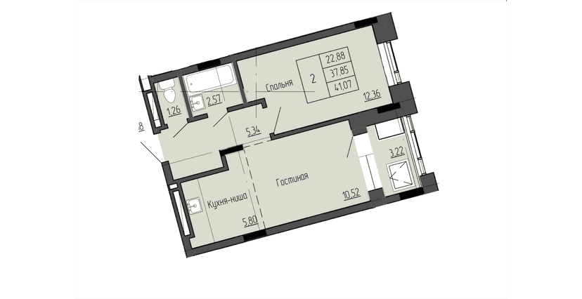 2 комн., 41.07 м²