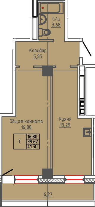 1 комн., 41.50 м²