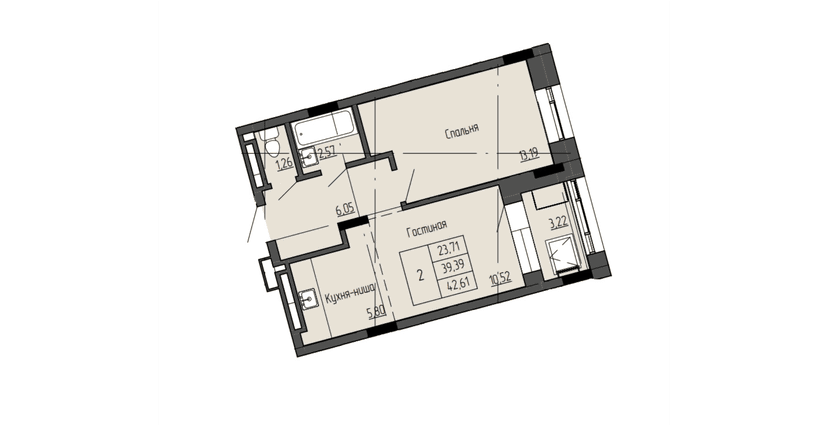 2 комн., 42.61 м²
