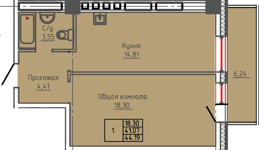 1 комн., 44.19 м²