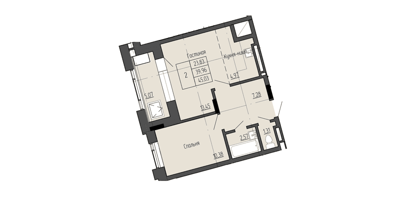 2 комн., 45.03 м²