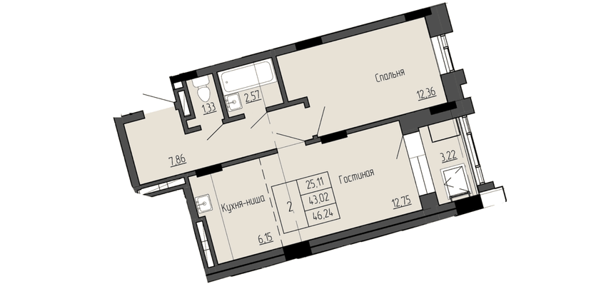 2 комн., 46.24 м²
