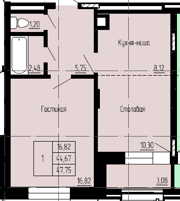 1 комн., 46.21 м²