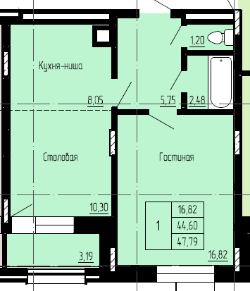 1 комн., 46.19 м²