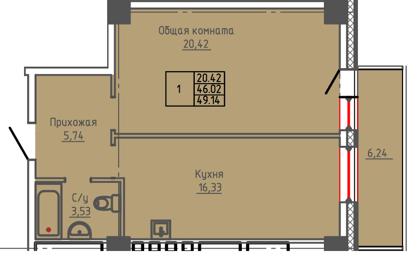 1 комн., 49.14 м²