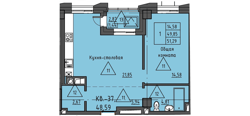 2 комн., 51.29 м²