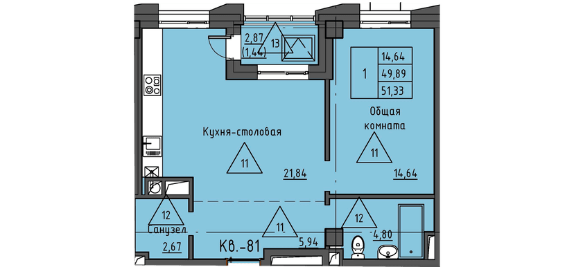 2 комн., 51.33 м²