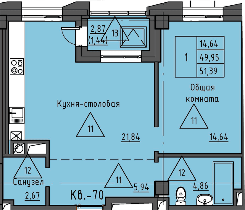 2 комн., 51.39 м²