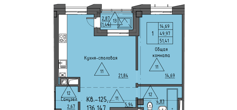 2 комн., 51.41 м²
