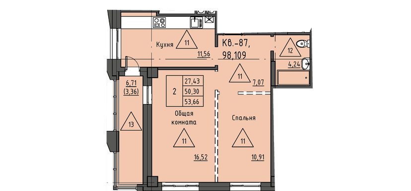 2 комн., 53.66 м²