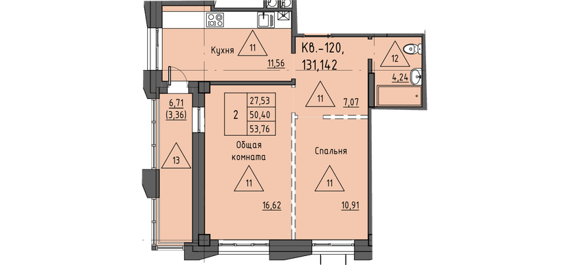 2 комн., 53.76 м²