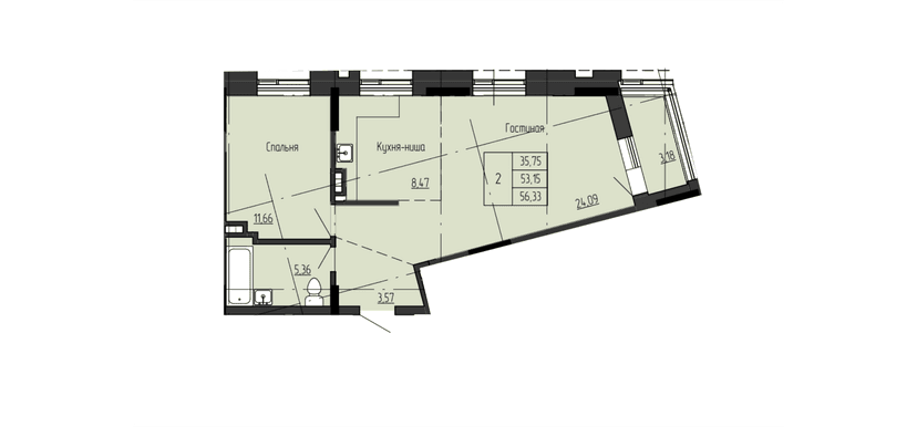 2 комн., 56.33 м²