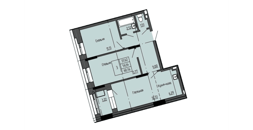 3 комн., 60.16 м²