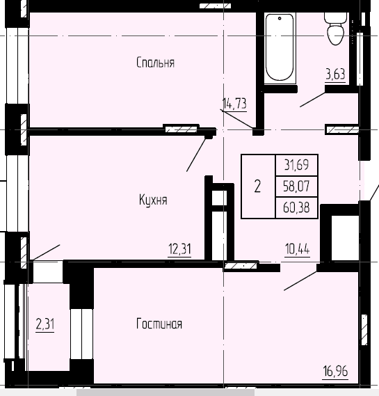 2 комн., 59.23 м²