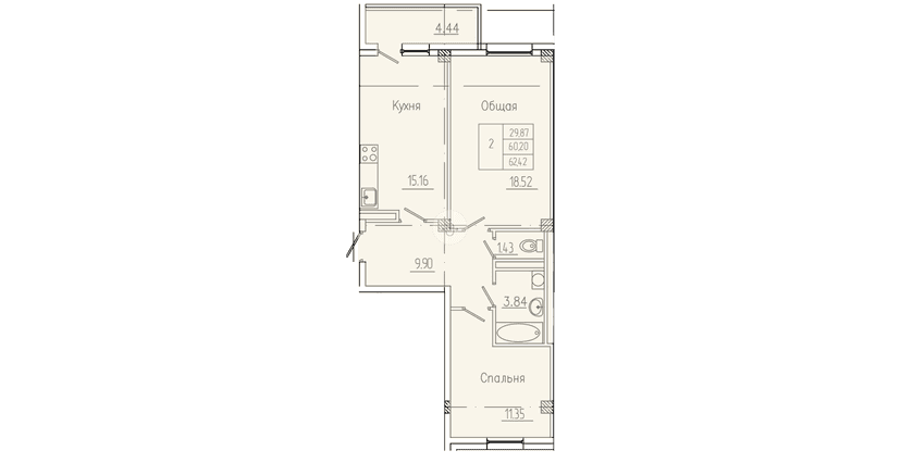 2 комн., 62.42 м²