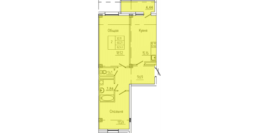 2 комн., 62.43 м²