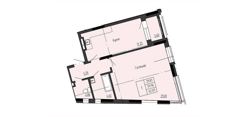 1 комн., 62.69 м²