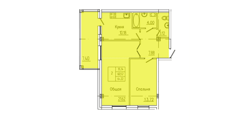 2 комн., 64.22 м²