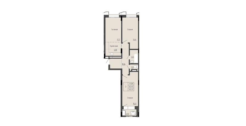 3 комн., 65.33 м²