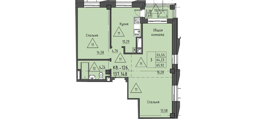 3 комн., 65.92 м²