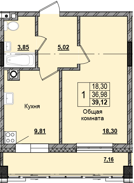 1 комн., 39.08 м²