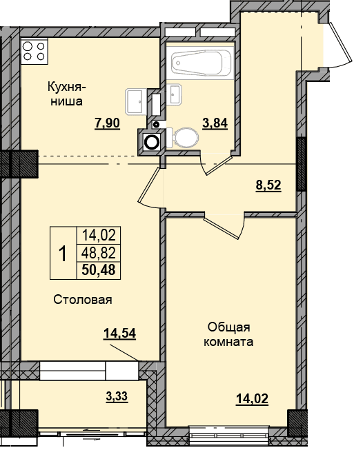 1 комн., 50.68 м²