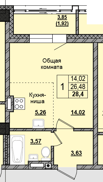 1 комн., 28.55 м²
