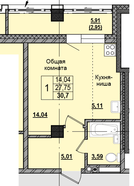 1 комн., 30.80 м²