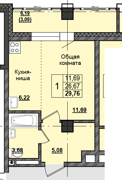 1 комн., 29.69 м²