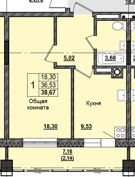 1 комн., 38.59 м²