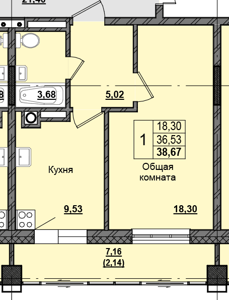 1 комн., 38.58 м²