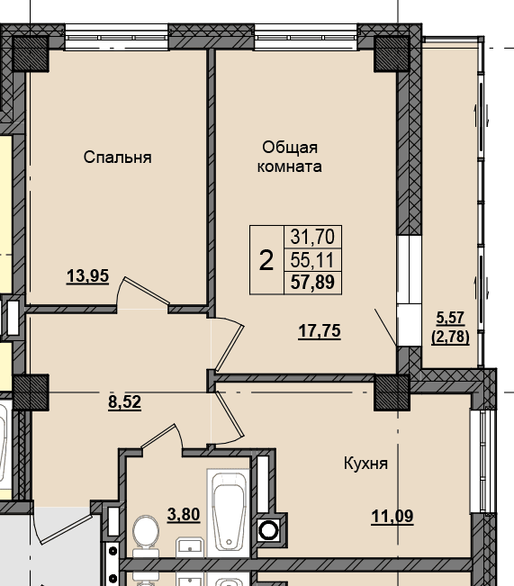 2 комн., 57.89 м²