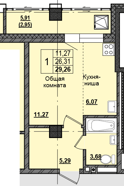 1 комн., 29.13 м²
