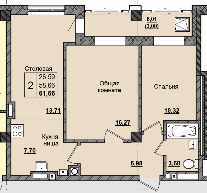 2 комн., 61.50 м²