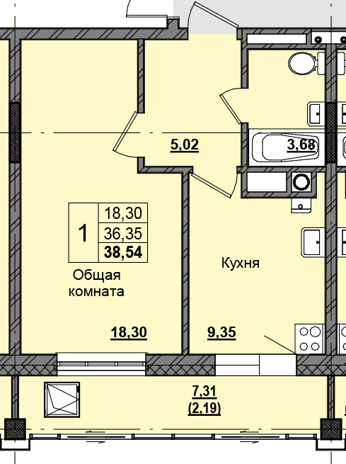1 комн., 38.46 м²