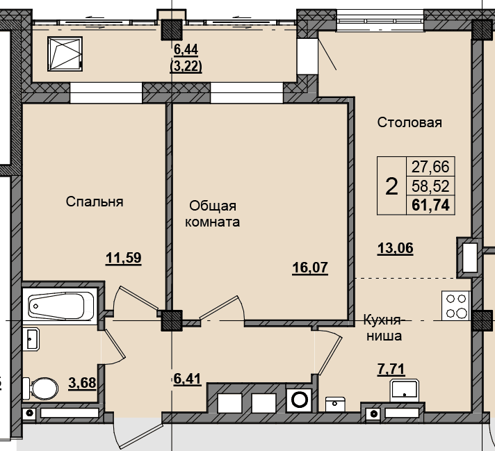 2 комн., 61.07 м²
