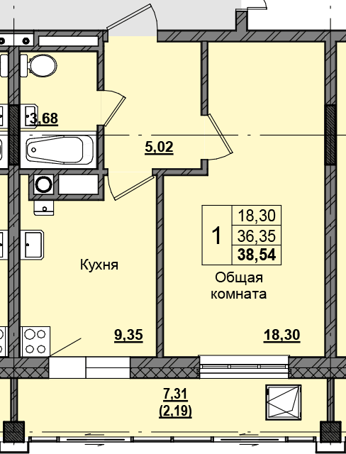 1 комн., 38.46 м²