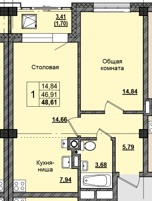 1 комн., 48.09 м²