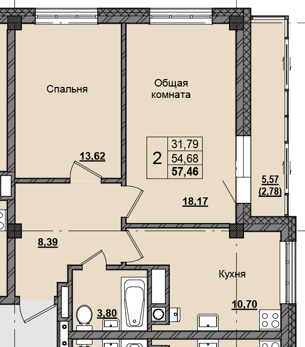 2 комн., 57.31 м²