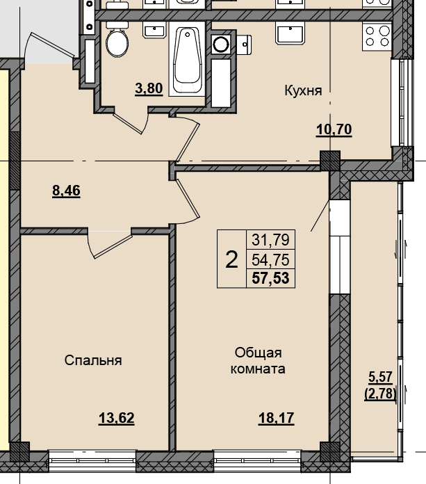 2 комн., 57.53 м²