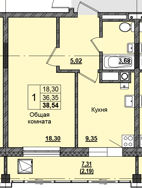 1 комн., 38.46 м²