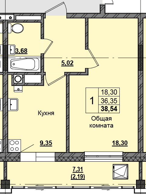 1 комн., 38.46 м²