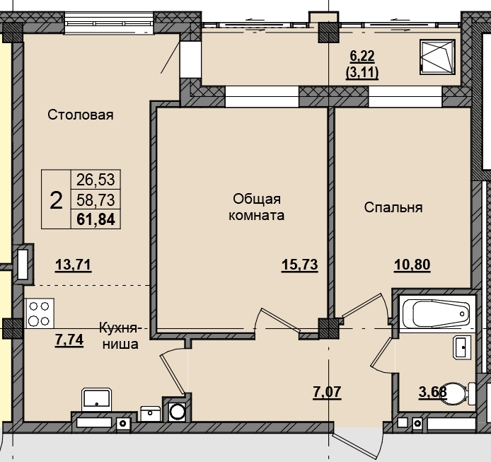 2 комн., 61.32 м²